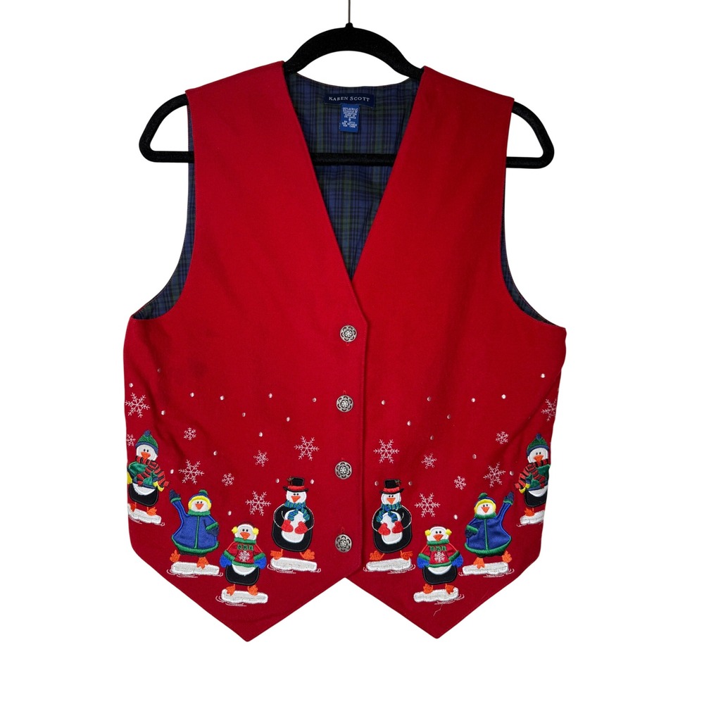 Vintage Karen Scott Vest Red Button Front Skating Penguins Sz S Holidays Kitschy